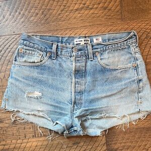 Re/Done Light Blue Distressed Denim Cutoff Shorts